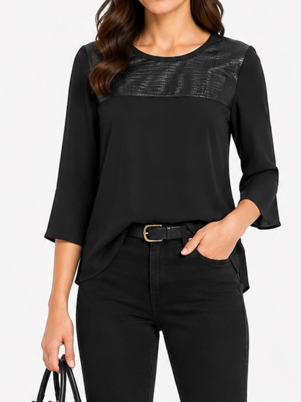 EXPRESS Womenโs Black Mixed Media Faux Leather Yoke Blouse 3/4 Sleeve - Size XS
